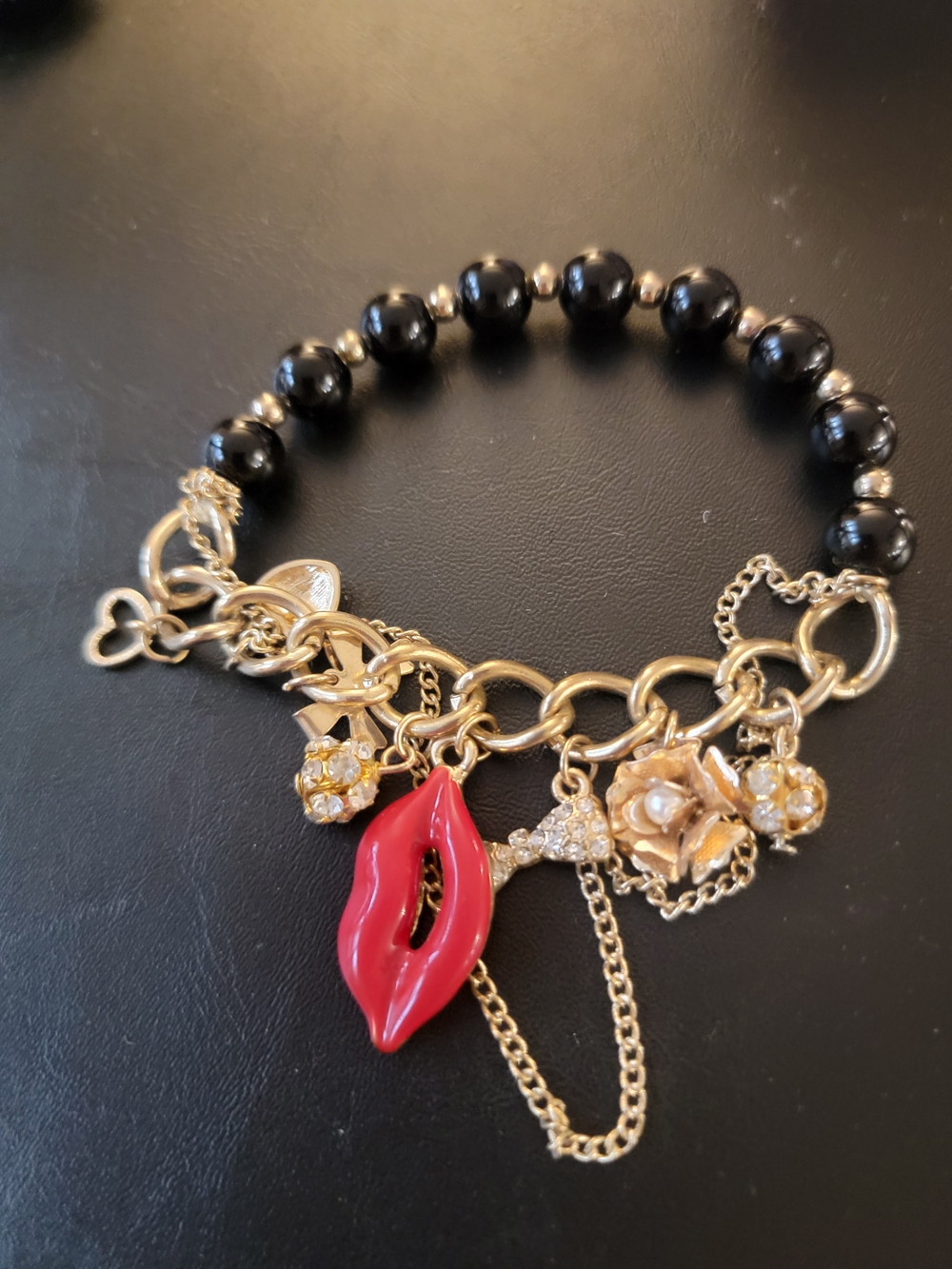 Gold Chain & Black Bead Charm Bracelet with Red Lip Charm Juicy Couture